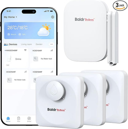 WiFi Water Leak Detector, Hub & Water Leak Sensor 3 Pack, Wireless Siren Alarm by BaldrTherm
