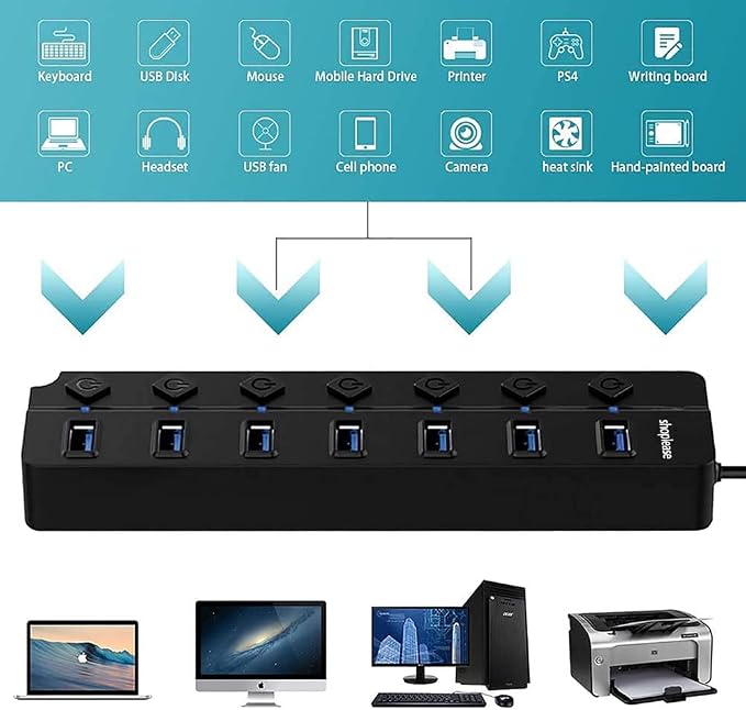 7-Port USB 3.0 Hub with Individual Power Switches and Lights, High-Speed Data - Image 6