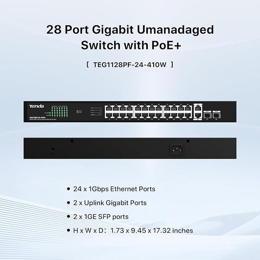 Tenda 28 Port Gigabit PoE Switch | Rackmount PoE Ethernet Switch | 24*PoE+ Port - Image 2
