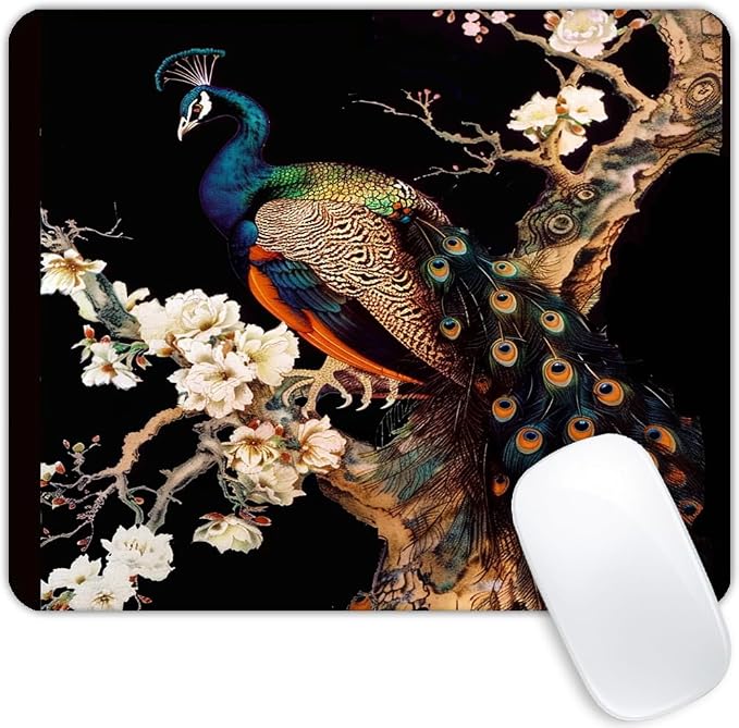 Square Mouse Pad Colorful Peacock on a Tree Branch-1, Gaming Mouse Pads by Goodsprout