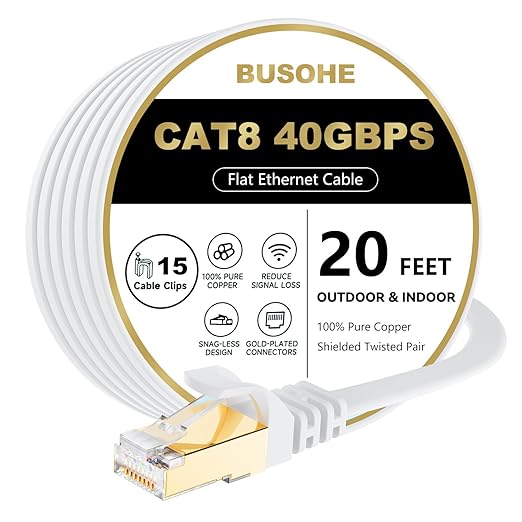 BUSOHE Cat 8 Ethernet Cable 20 FT, 40Gbps 2000Mhz High Speed Flat Cat8 Cable by BUSOHE