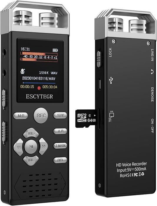 80GB Digital Voice Activated Recorder 1536KBPS Audio Voice Recorder by Escytegr