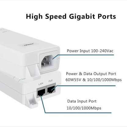 Gigabit PoE++ Injector 60W IEEE802.3bt/at/af Compliant, Supplies 15.4W or 30W - Image 2