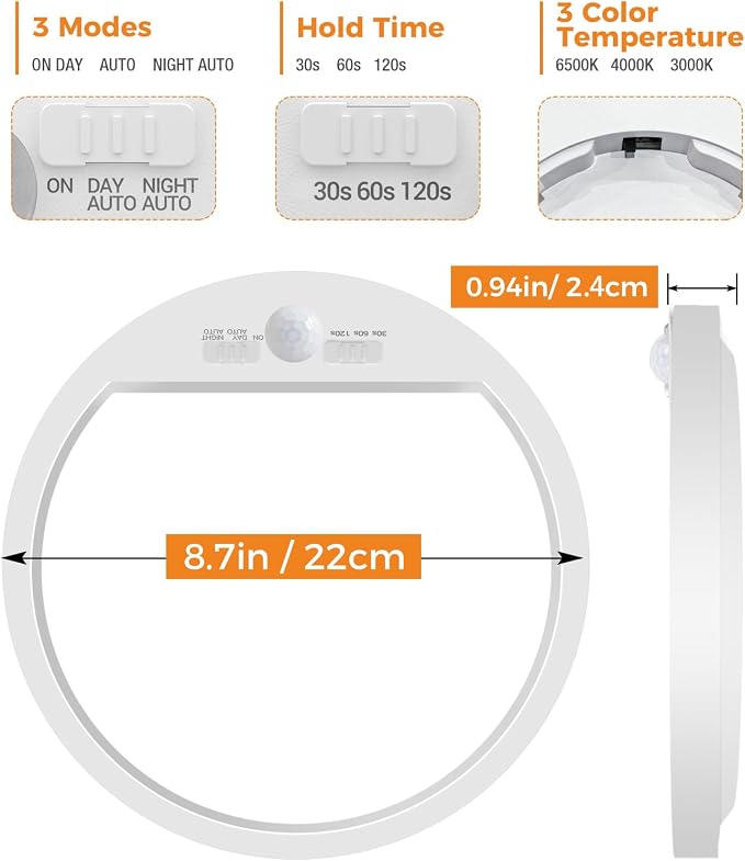 slochi 2Pack Motion Sensor Light Indoor Wired, 8.7 Inch 3000K/4000K/6500K - Image 7
