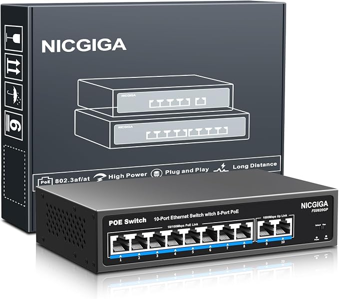 8 Port PoE Switch with 8 Ports 100Mbps PoE+@120W + 2 * Gigabit Uplink Port by NICGIGA