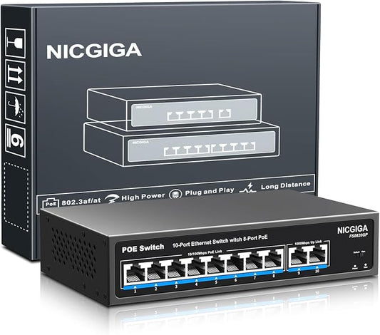 8 Port PoE Switch with 8 Ports 100Mbps PoE+@120W + 2 * Gigabit Uplink Port by NICGIGA