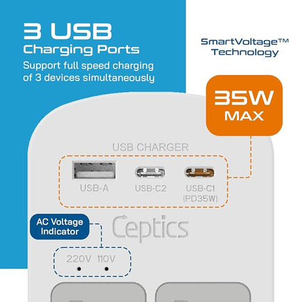 Ceptics 35W Universal Travel Adapter Kit – 2 USA sockets, 1x PD 35W USB-C and - Image 8