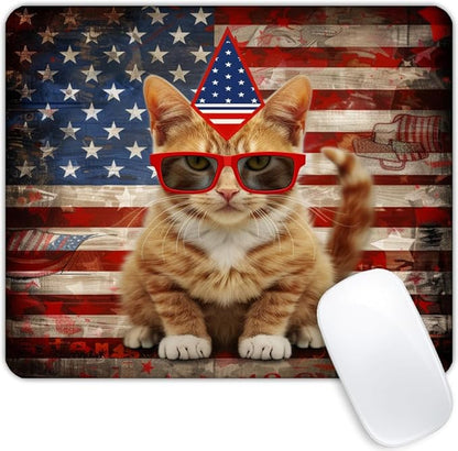 Square Mouse Pad Cat with Patriotic Hat and Glasses Flag-1, Gaming Mouse Pads by Goodsprout