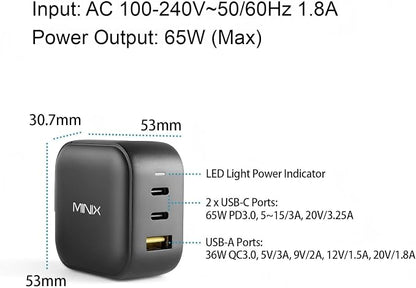 MINIX 66W Turbo 3-Port GaN Wall Charger 2 x USB-C Fast Charging Adapter - Image 5