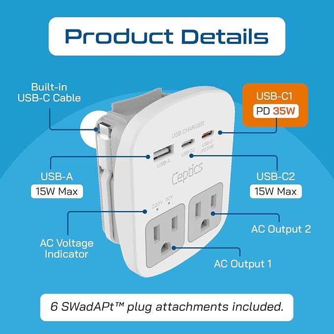 Ceptics 35W Universal Travel Adapter Kit – 2 USA sockets, 1x PD 35W USB-C and - Image 3