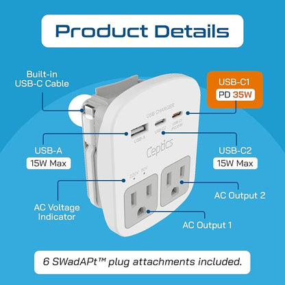Ceptics 35W Universal Travel Adapter Kit – 2 USA sockets, 1x PD 35W USB-C and - Image 3