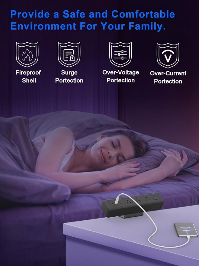 Desk Clamp Power Strip with 65W USB-C&USB A Ports 3 AC Outlet, Nightstand Edge - Image 5