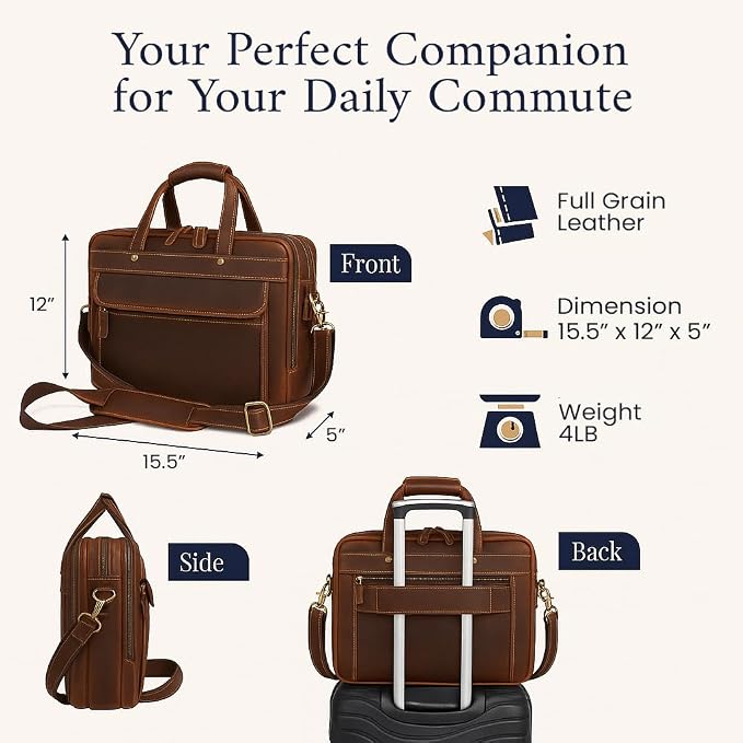 Luxorro Full Grain Leather Briefcase - Image 3
