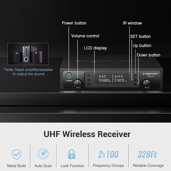 Phenyx Pro Dual UHF Wireless Microphone System，Auto-Scan Cordless Mic Set w/ - Image 3