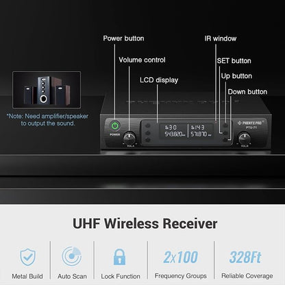 Phenyx Pro Dual UHF Wireless Microphone System，Auto-Scan Cordless Mic Set w/ - Image 3