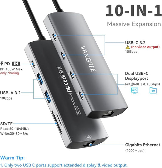 USB C Hub with Dual 4K@60Hz Displayports, 2 USB-A & 2 USBC 3.2 10Gbps Ports - Image 2