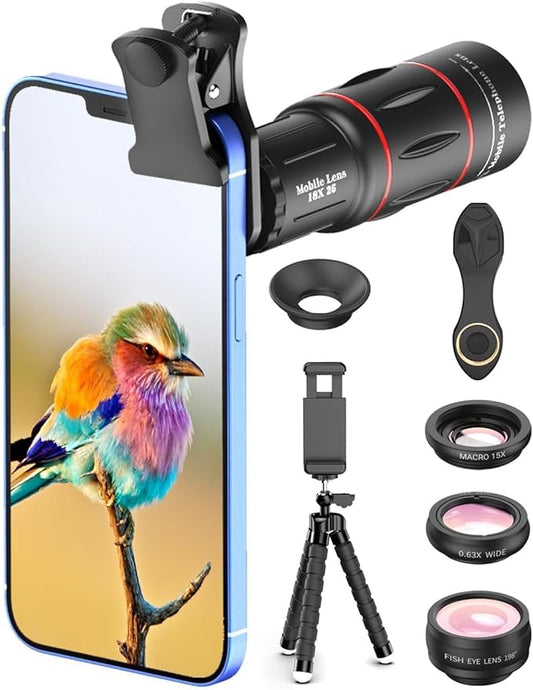APEXEL 4 in 1 Phone Photography Kit, 18X Telephoto Lens, 198° Fisheye Lens by Apexel