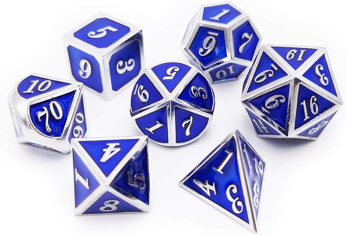 Haxtec Metal Dice Set D&D Silver Navy Blue Metal Polyhedral DND Dice - Image 2