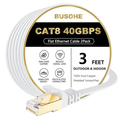 BUSOHE Cat 8 Ethernet Cable 3 FT 2Pack, 40Gbps 2000Mhz High Speed Flat Cat8 by BUSOHE