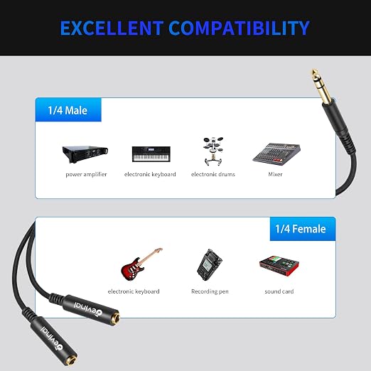 Devinal 1/4 inch TRS Splitter Cable, 6.35mm Stereo Y Cable, 1/4 Male Plug to - Image 7