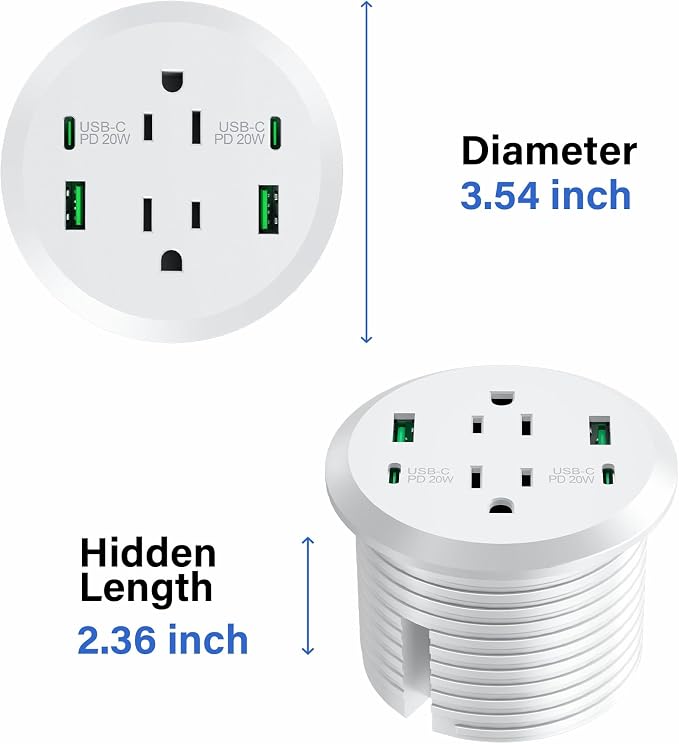 Desktop Power Grommet, 40W Fast Charging Station, 2 AC Outlets, 4 USB Ports - Image 7