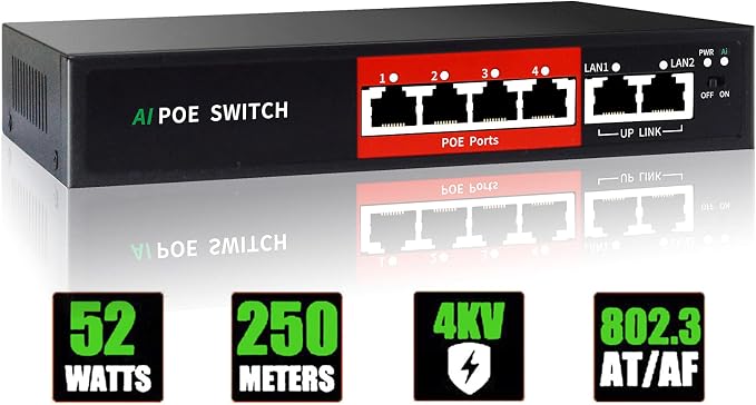 STEAMEMO AI PoE Switch, 52V 52W 100Mbps, 802.3af/at, Unmanaged Network Extender by STEAMEMO