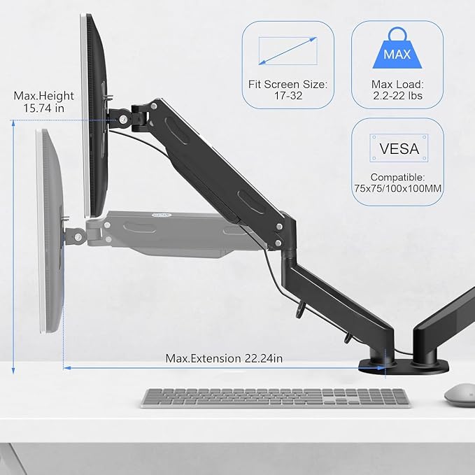 Pholiten Dual Monitor Arm 32inch, Fully Adjustable Gas Spring Monitor Desk - Image 2