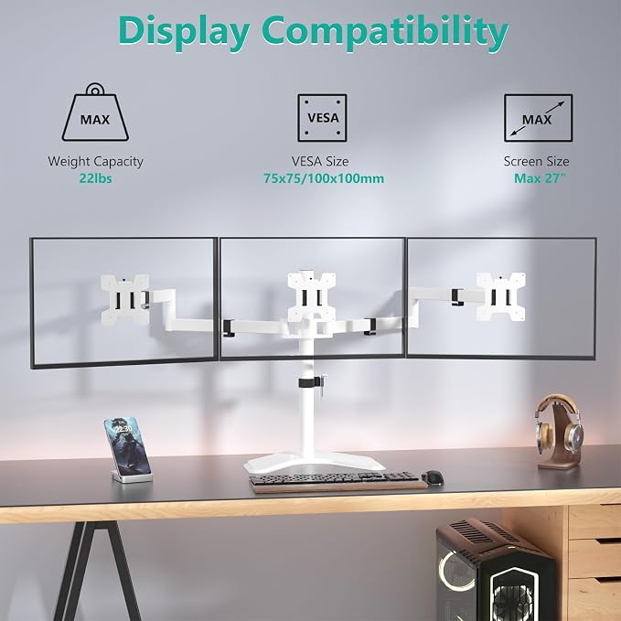 WALI Triple Monitor Stand, Free Standing Three LCD Monitor Fully Adjustable - Image 3