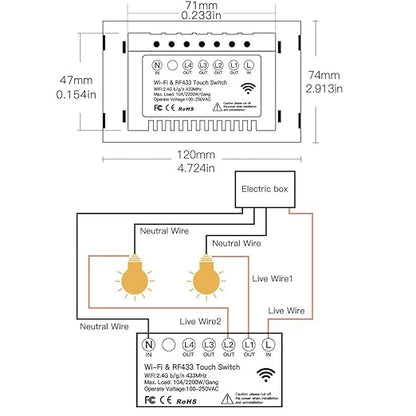 MOES 2.4GHz WiFi Wall Touch Smart Switch Neutral Wire Required, 3 Way - Image 6