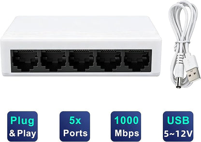 5 Port Gigabit Ethernet Switch 1000Mbps Network Hub USB 5-12V Powered Plug and - Image 3