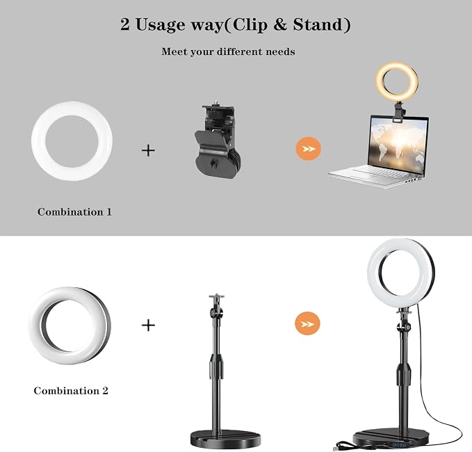 Desk Ring Light with Stand, Amcuke Ring Light with Clip 10W 3000K-6500K - Image 2
