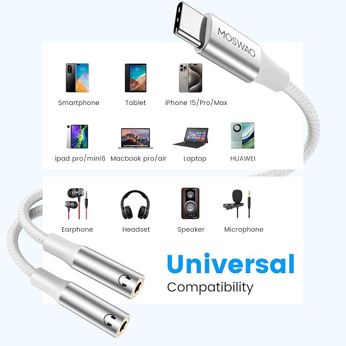 MOSWAG Type C to Dual 3.5mm Aux Headphone Jack Adapter, Type C to Dual 3.5mm - Image 4