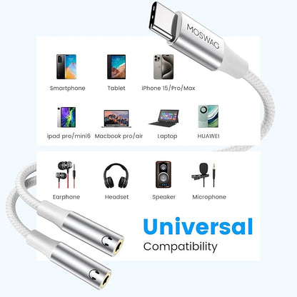 MOSWAG Type C to Dual 3.5mm Aux Headphone Jack Adapter, Type C to Dual 3.5mm - Image 4