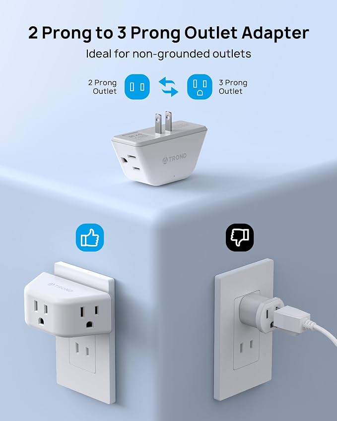 TROND 2 Prong to 3 Prong Outlet Adapter, 3-Way Angled Plug Extender - Image 2