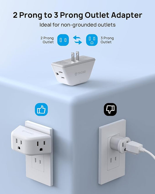 TROND 2 Prong to 3 Prong Outlet Adapter, 3-Way Angled Plug Extender - Image 2