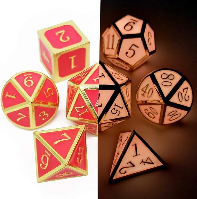 Haxtec Glow in The Dark Metal DND Dice Set Gold Pink D&D Dice Compatible - Image 3