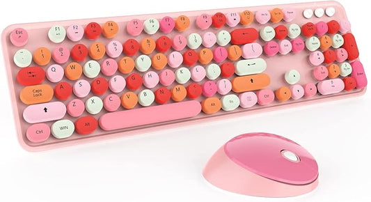Cute Pink Wireless Keyboard and Mouse, 2.4G Retro Round Keycap by Kootop