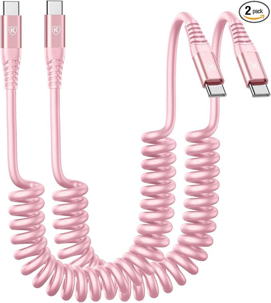 USB C to C Cable 3FT for Car, Coiled USB C Fast Charging Cable for iPhone 16 by KIYODA