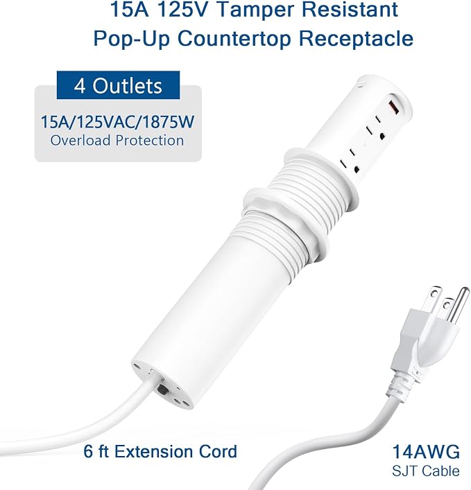 Pop up Outlet for Countertop, 65W USB C Fast Charging Port, 2.5-inch Hole - Image 5
