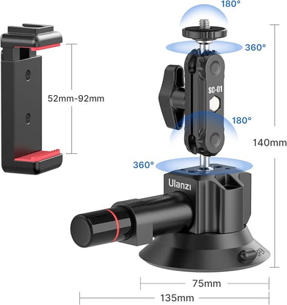 UURig SC-01 Suction Mount 3" for Vlogging Action Camera Car w Smartphone Clamp - Image 3