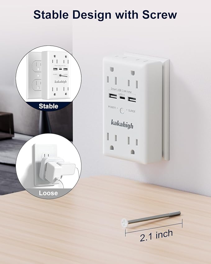 Wall Outlet Extender with Screw, 8 Way Outlets with 1680J Surge Protected - Image 5