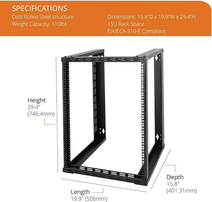 Tecmojo 15U Wall Mount Rack, Wall Mount Network Rack 15.8in Depth, Open Frame - Image 2