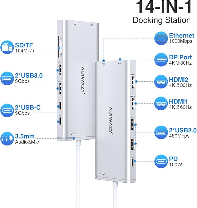 USB C Hub USB-C Docking Station Dual Monitor 14 in 1 Triple Display Multiport - Image 2
