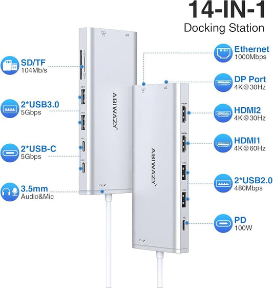 USB C Hub USB-C Docking Station Dual Monitor 14 in 1 Triple Display Multiport - Image 2