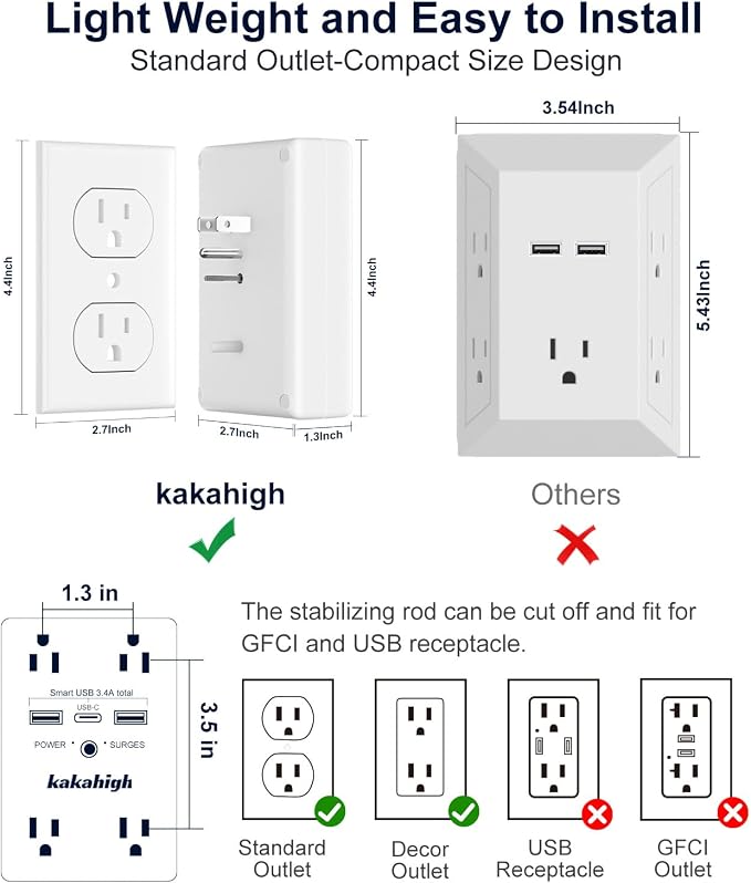 Wall Outlet Extender with Screw, 8 Way Outlets with 1680J Surge Protected - Image 4