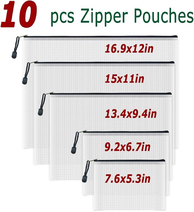 AUSTARK 10 Pcs Zipper File Bags, Waterproof Plastic Mesh Pouch - Image 2