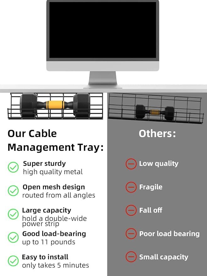 2 Pack DELAMU Under Desk Cable Management Tray, Large Metal Cord Organizer - Image 7