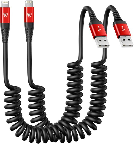 iPhone Charger Cable 6FT for Car, Coiled Lightning Cable 2 Pack 6 Feet by KIYODA