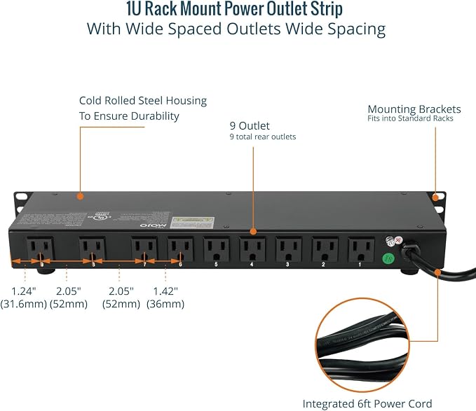 Tecmojo 9-Outlet Rack Mount Power Strip, 1U Horizontal PDU Individual Switch - Image 4