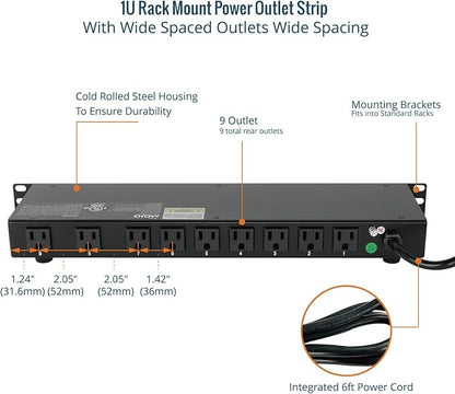 Tecmojo 9-Outlet Rack Mount Power Strip, 1U Horizontal PDU Individual Switch - Image 4